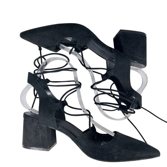 ZARA BASIC! BLACK GENUINE LEATHER CHUNKY HEEL POINTY, LACED ANKLE HEELS! SZ 8.5M - Picture 6 of 10